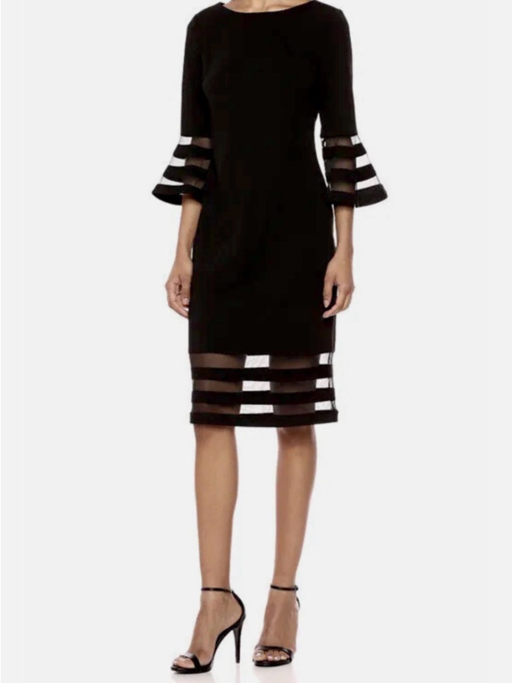 Calvin Klein Black Midi Dress with Sheer Stripe Panels and Bell Sleeves